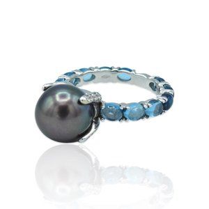 Superoro 18K White Gold Diamond Pearl & Topaz Ring